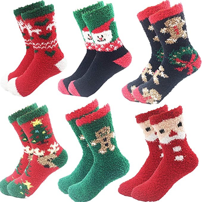 6 Pairs Adult Christmas Holiday Socks Warm Winter Cozy Socks Fuzzy Socks With Plus Size And Anti-Slip Bottom